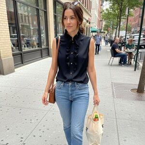 Tory Burch Navy Ruffle Front Blouse